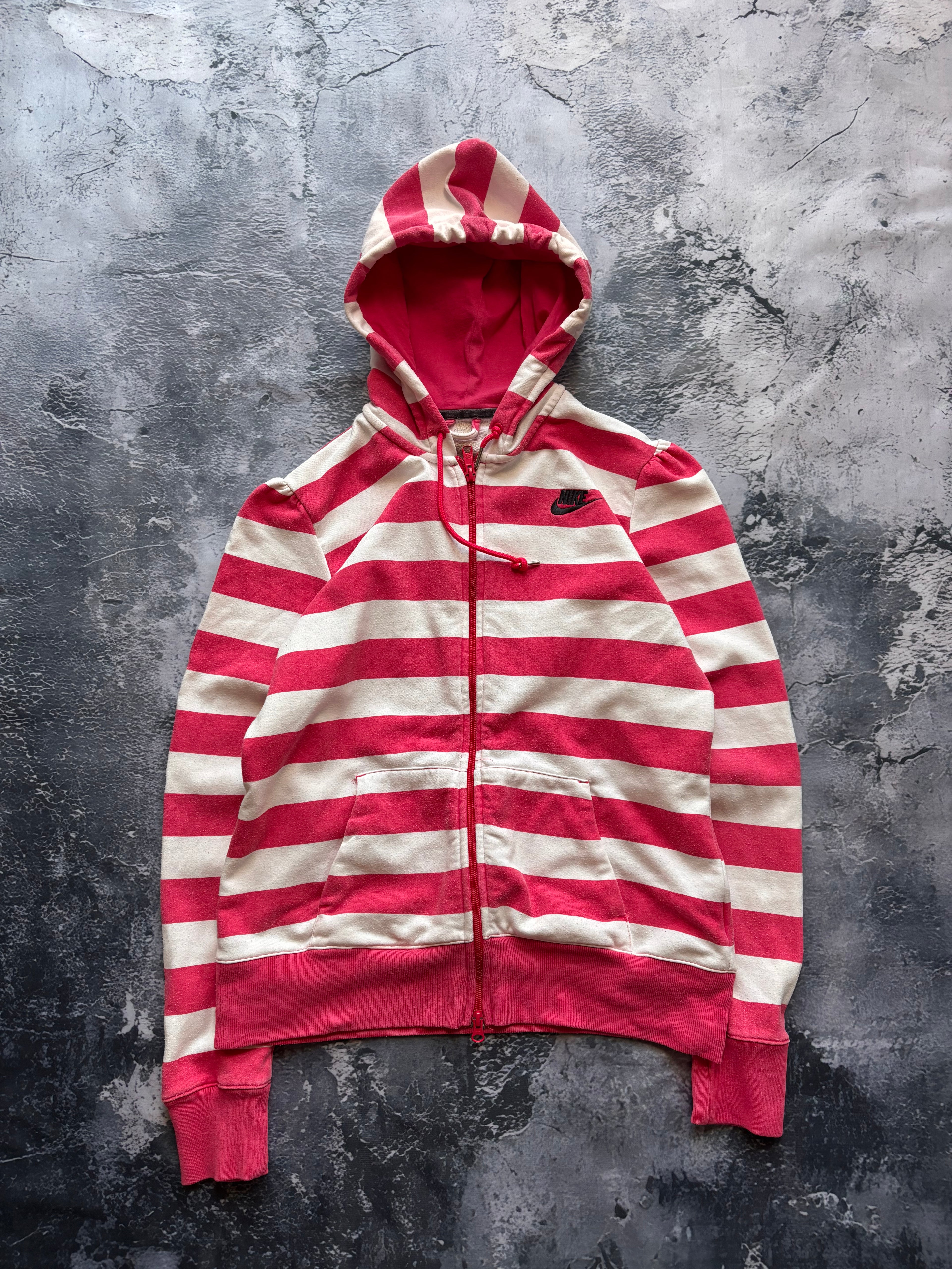 bluza zip hoodie w paski biało różowa