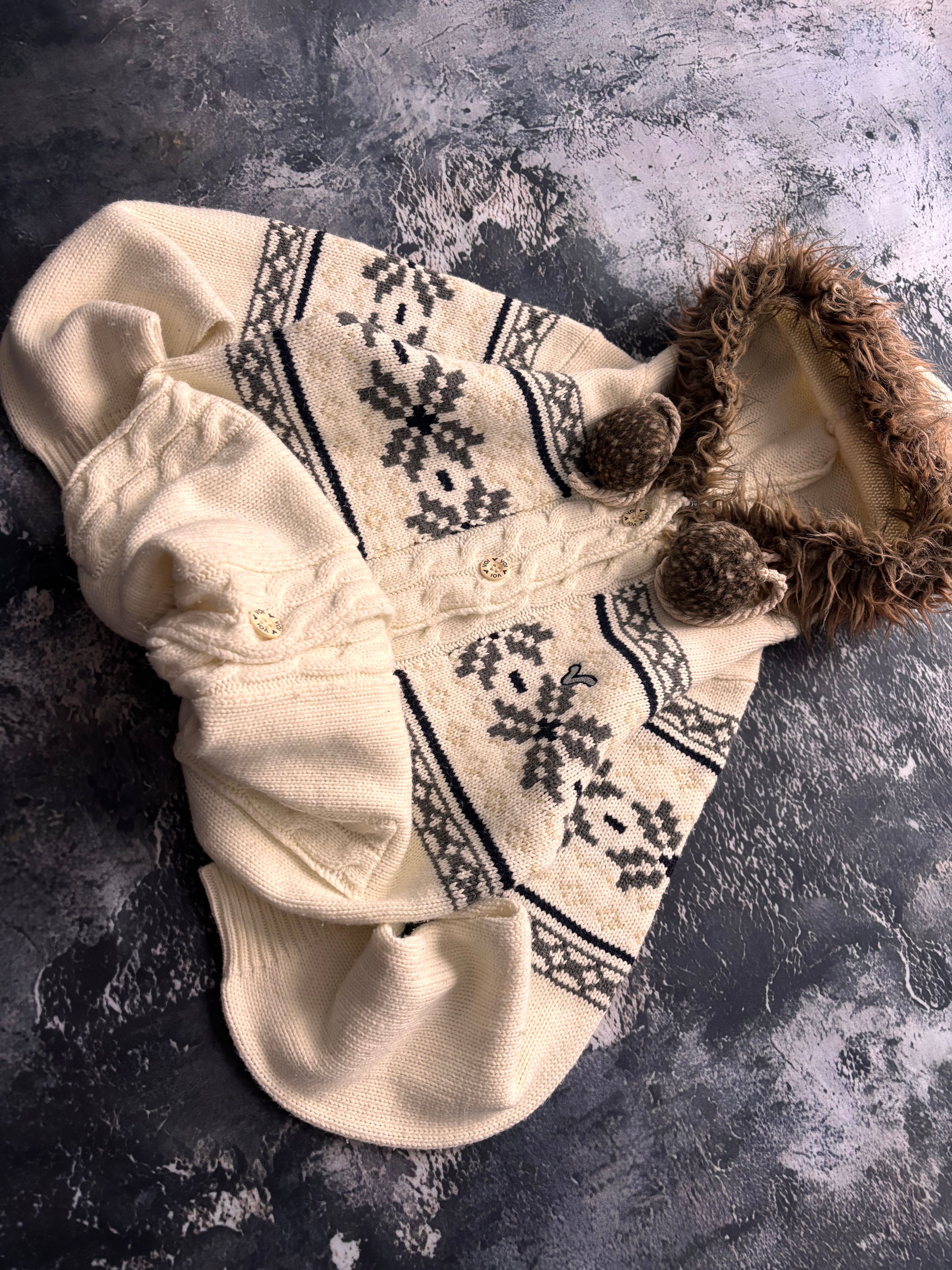 Sweter kardigan  vintage kremowy z kapturem