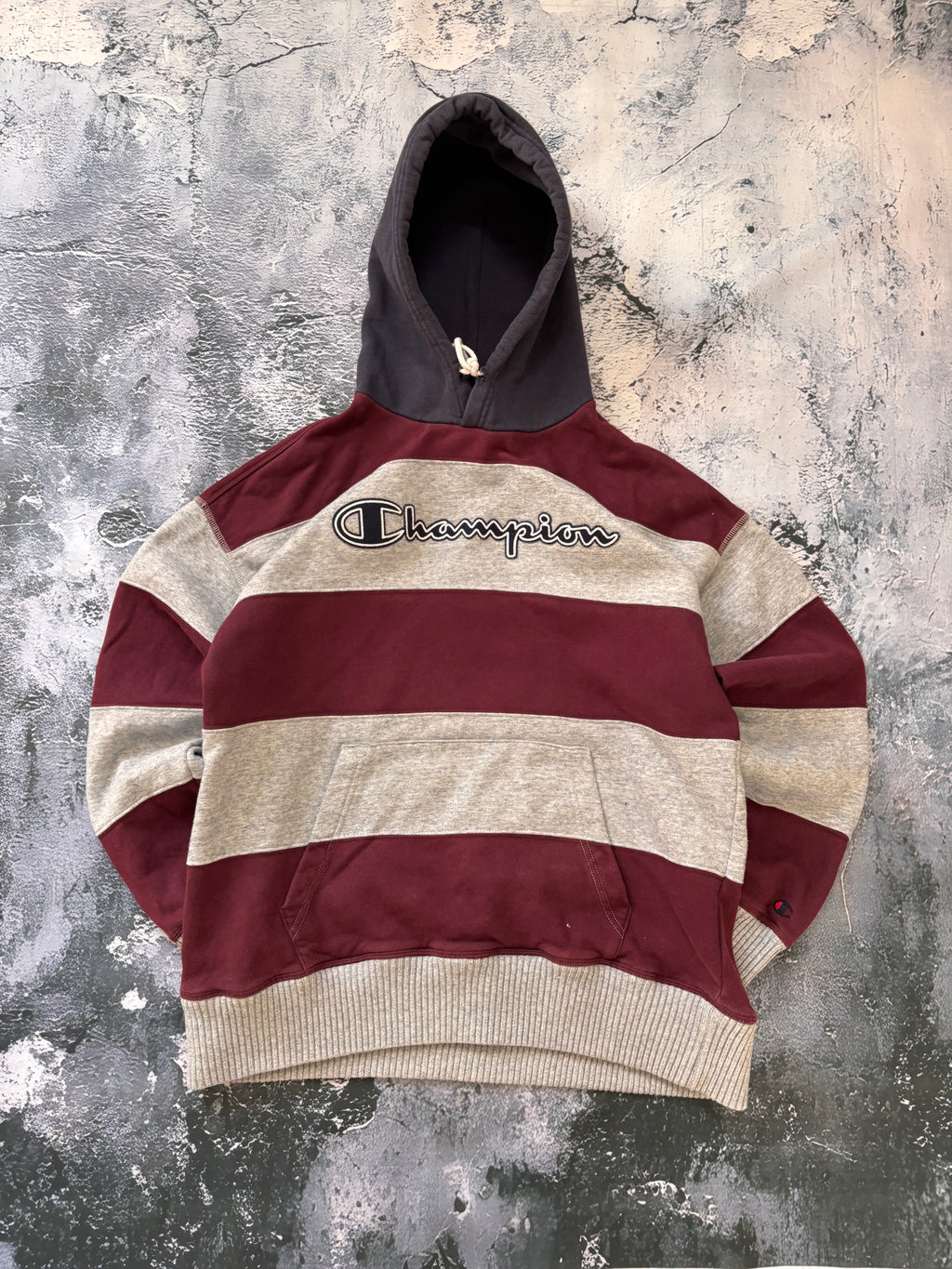 Bluza hoodie CHAMPION W PASKI szaro czerwona gruba vintage