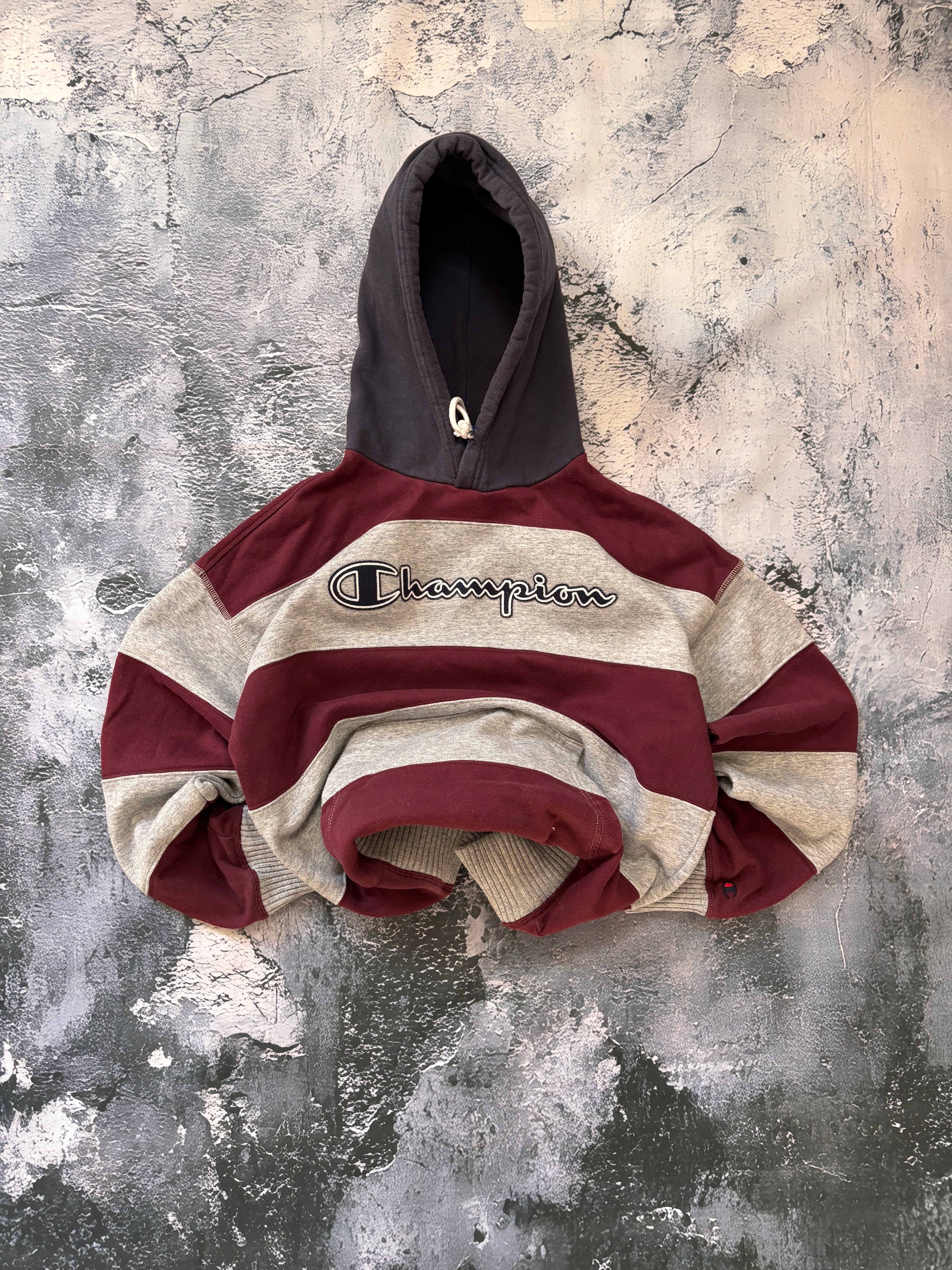 Bluza hoodie CHAMPION W PASKI szaro czerwona gruba vintage