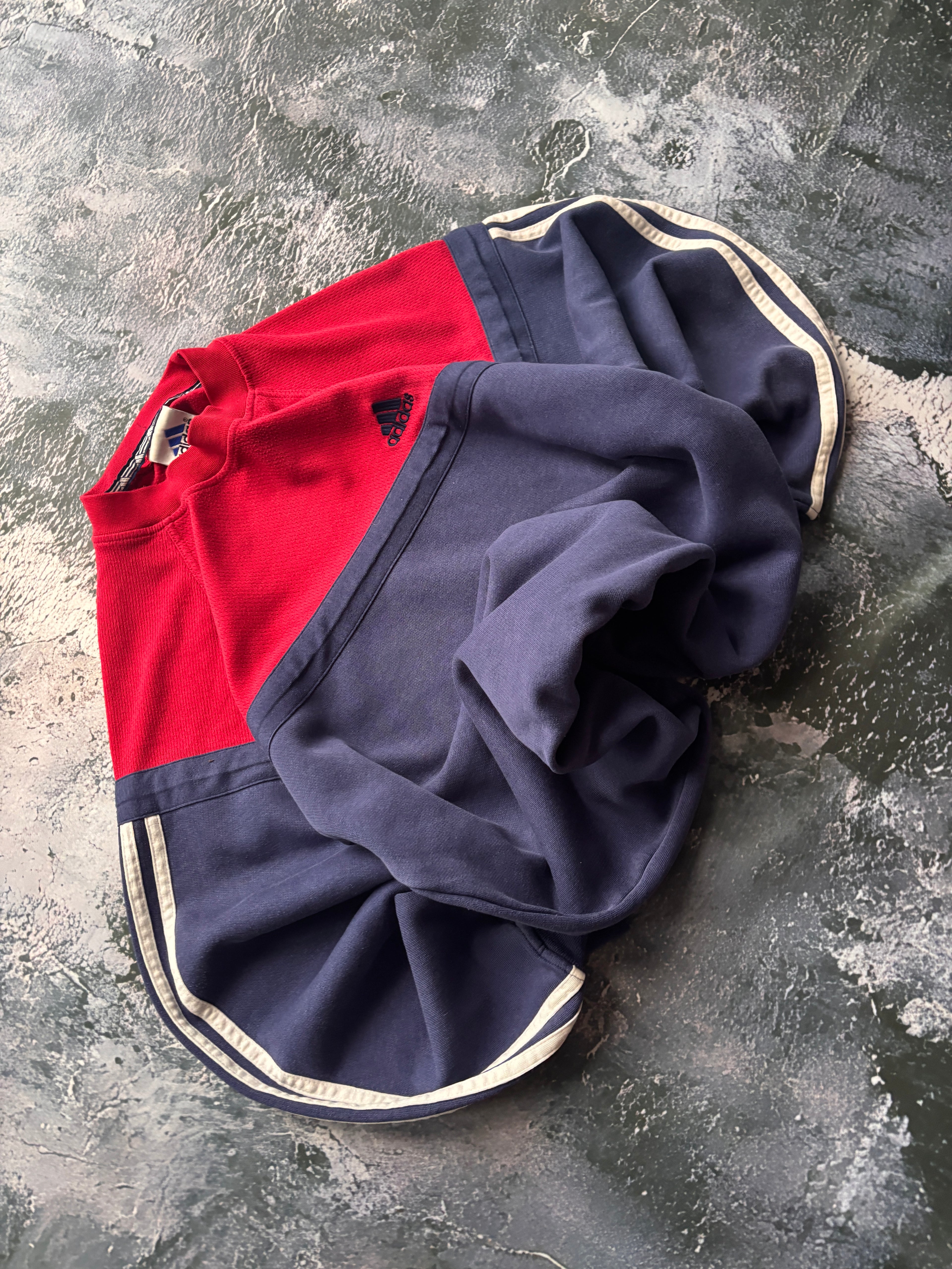 bluza crewneck Adidas w paski granatowo czerwona retro 90s
