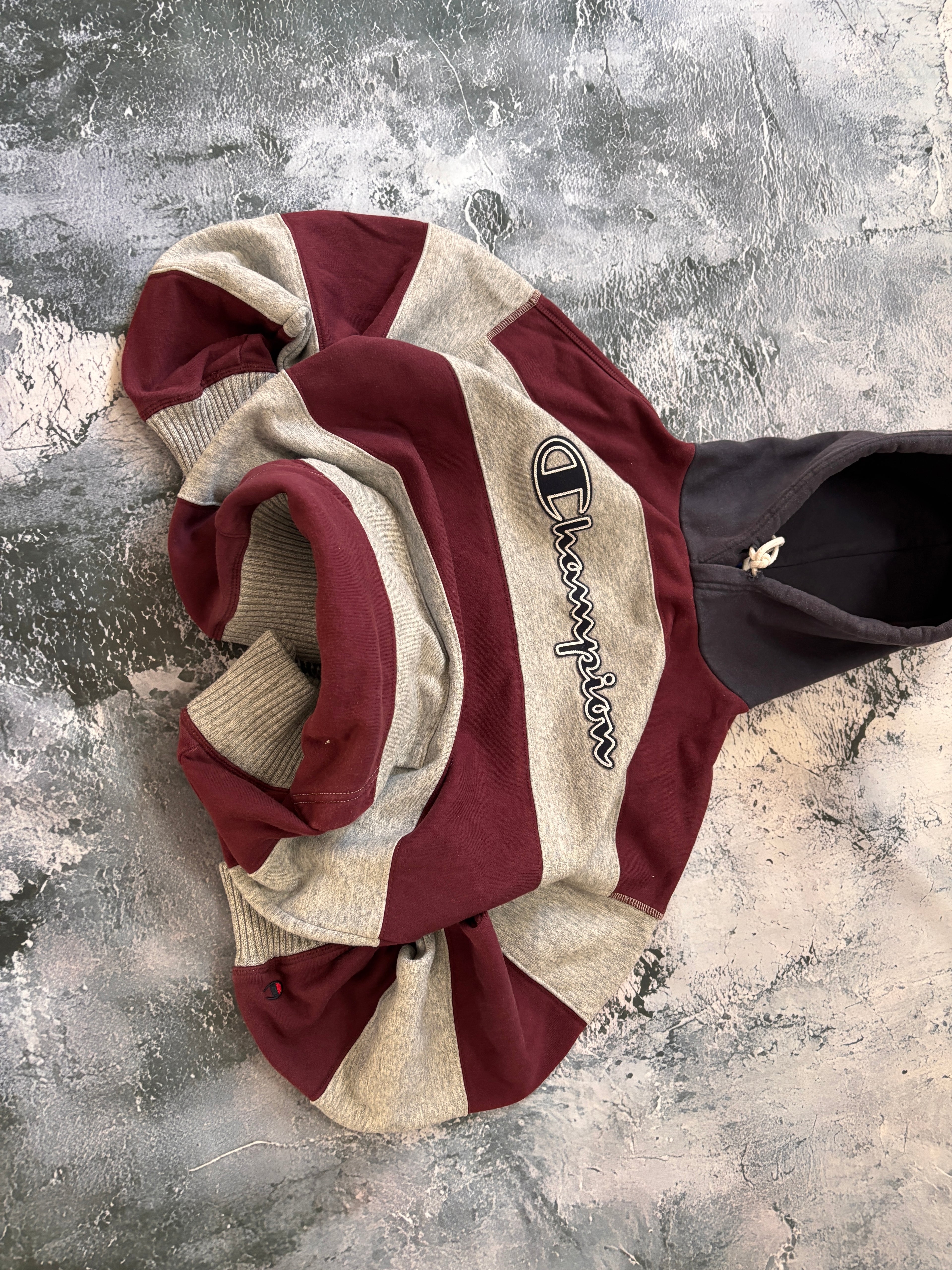 Bluza hoodie CHAMPION W PASKI szaro czerwona gruba vintage