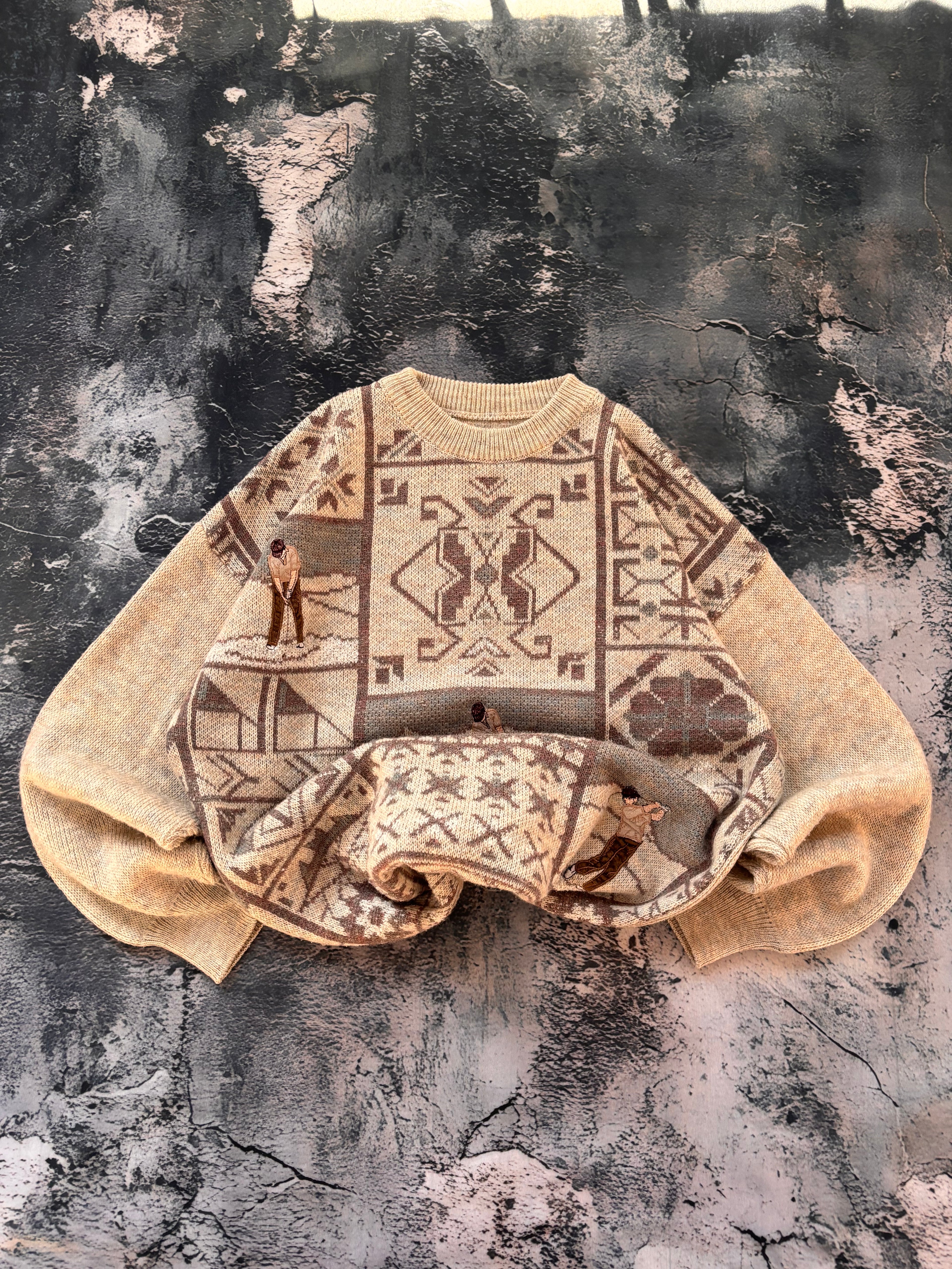 Sweter oversize vintage beżowy z haftami