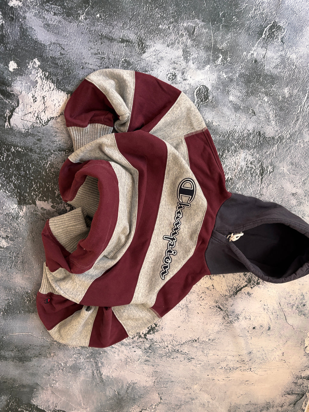 Bluza hoodie CHAMPION W PASKI szaro czerwona gruba vintage