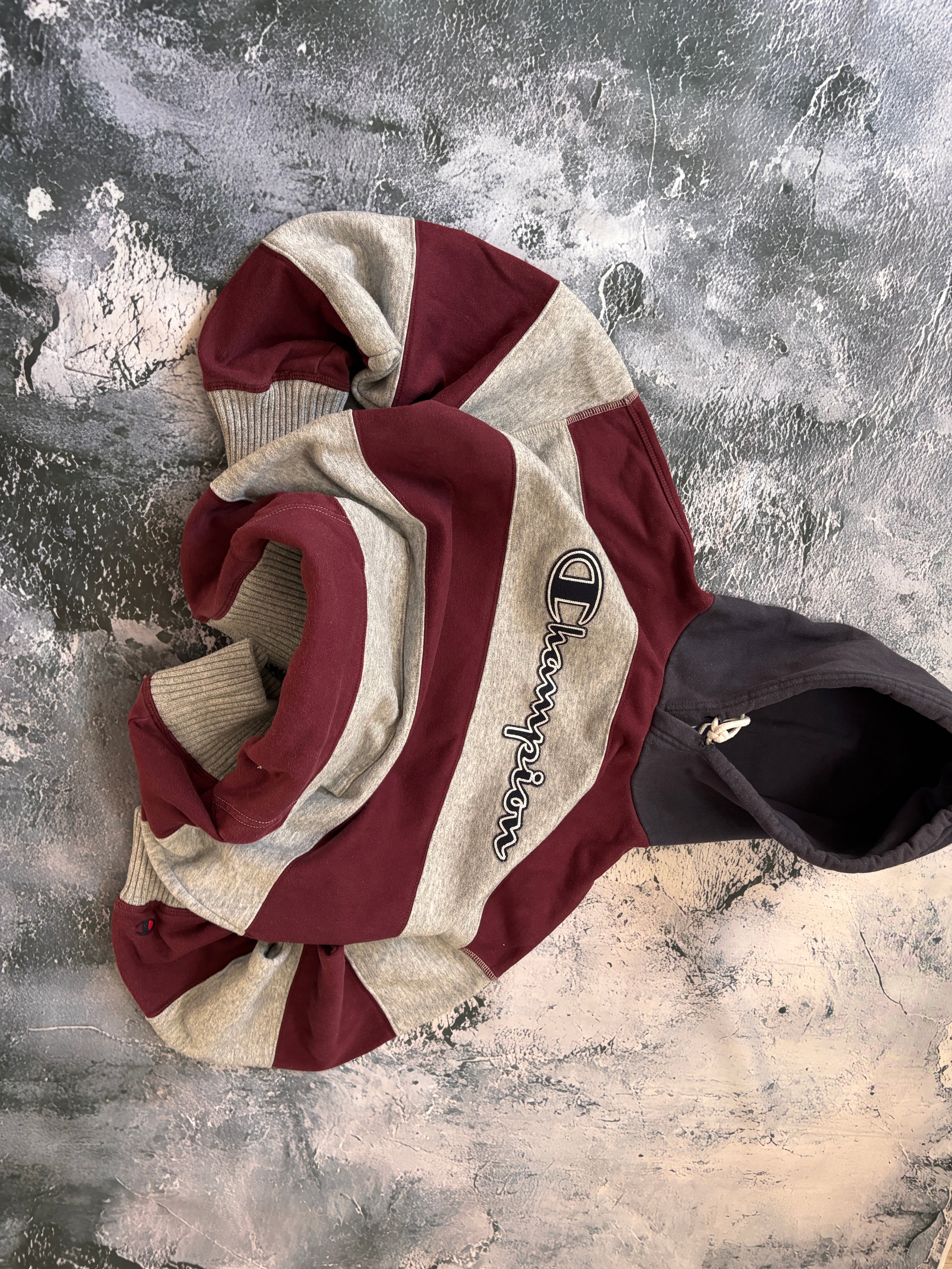 Bluza hoodie CHAMPION W PASKI szaro czerwona gruba vintage