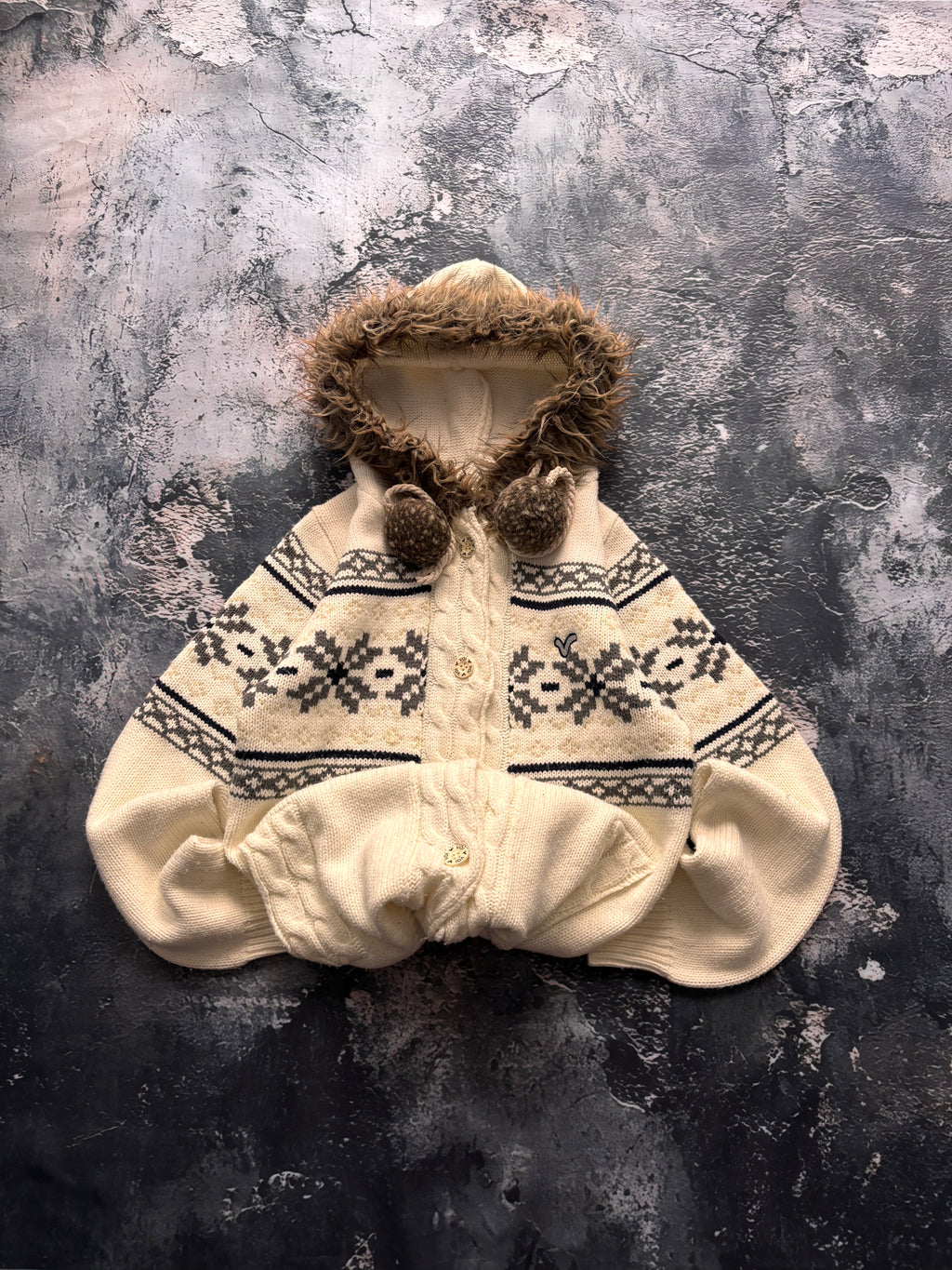 Sweter kardigan  vintage kremowy z kapturem