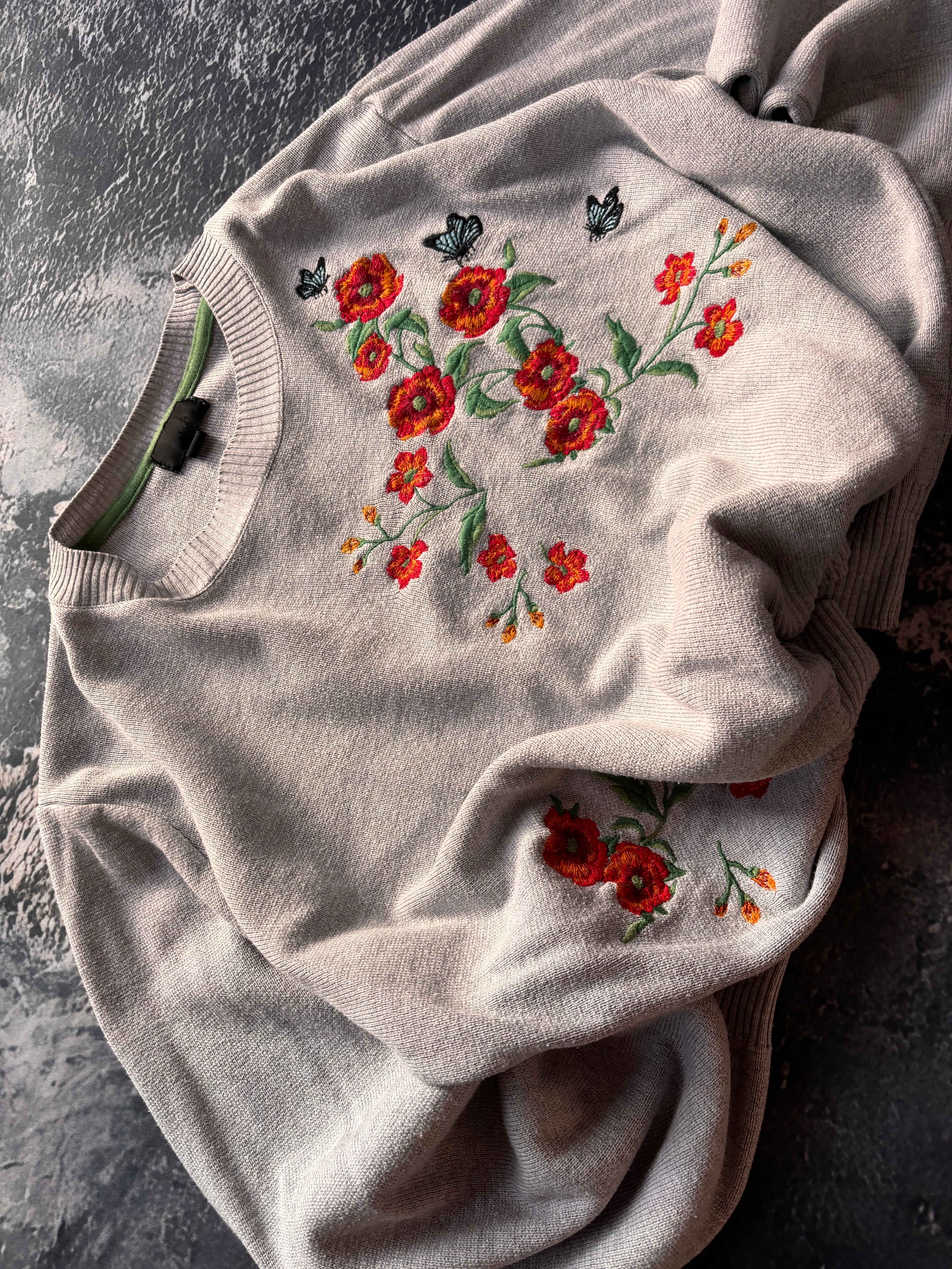 Sweter wiosenny szary bawełna vintage haft kwiecisty