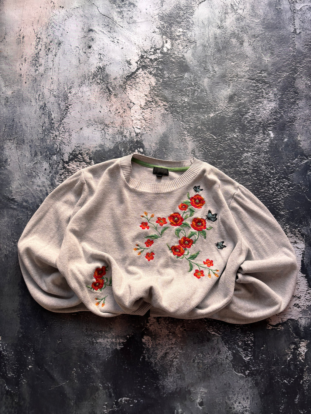 Sweter wiosenny szary bawełna vintage haft kwiecisty