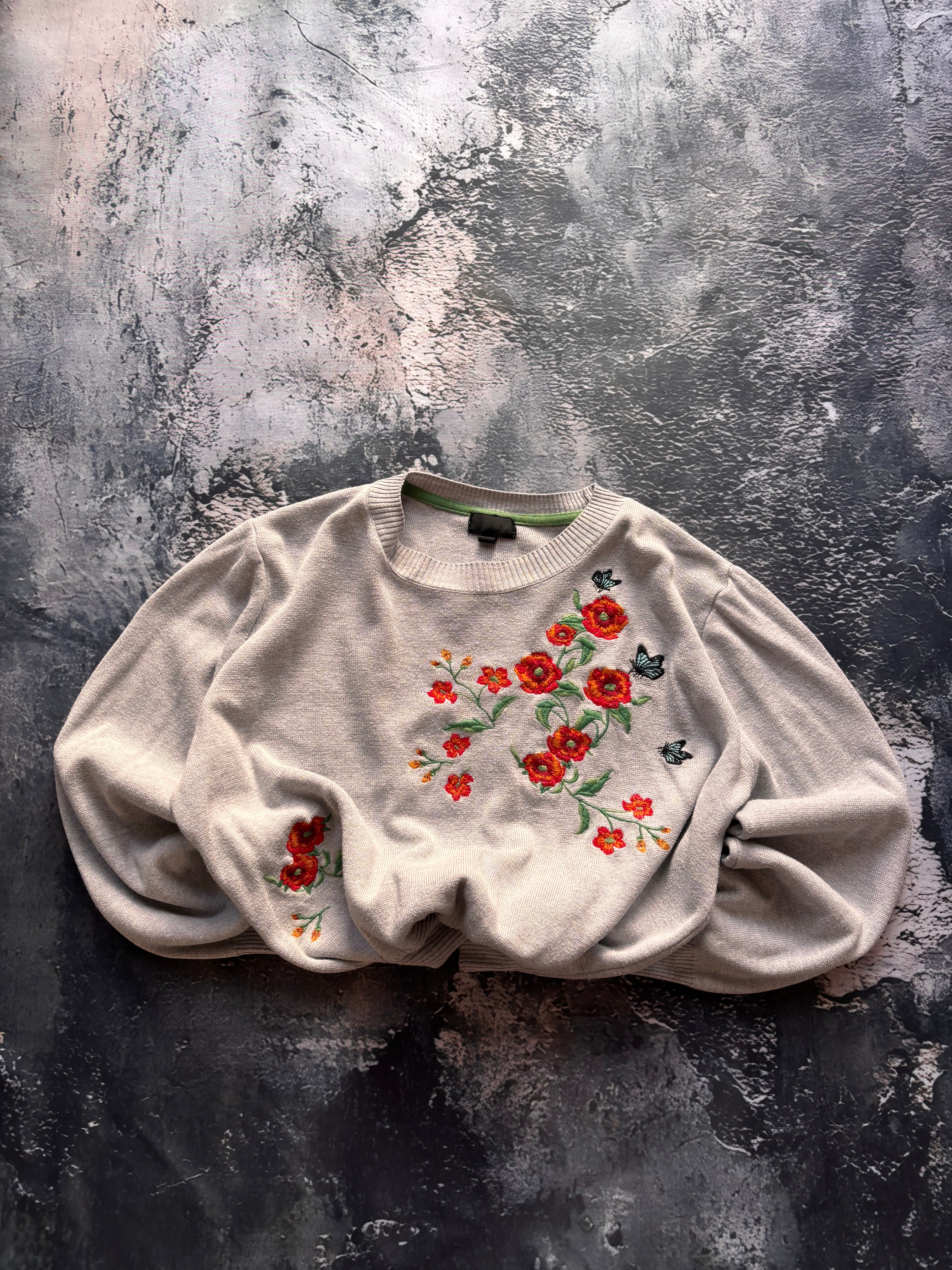 Sweter wiosenny szary bawełna vintage haft kwiecisty