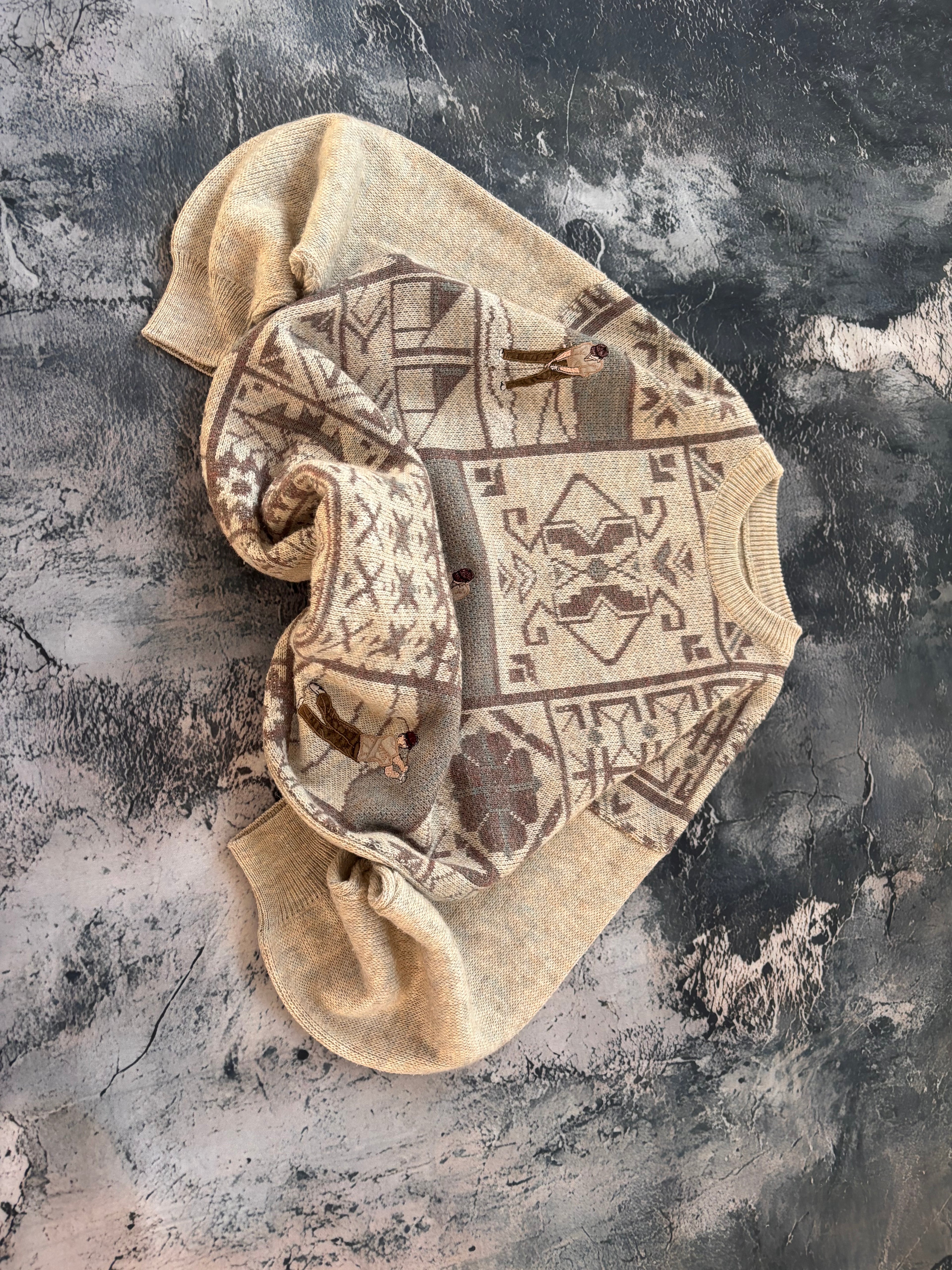 Sweter oversize vintage beżowy z haftami