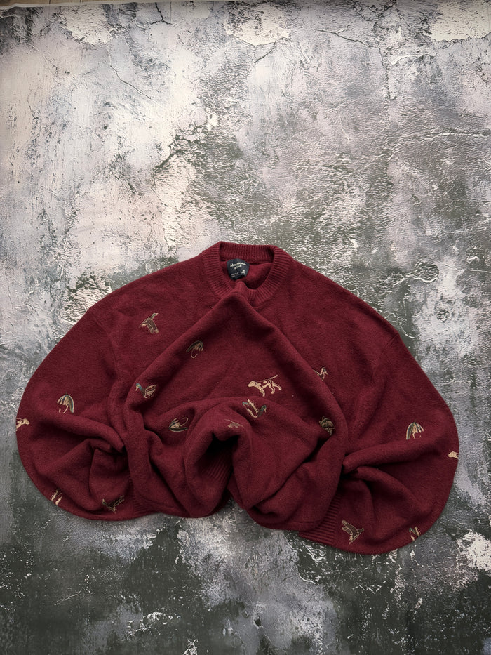 Sweter Abercrombie & Fitch bordowy z haftem zwierząt – krój prosty – XL