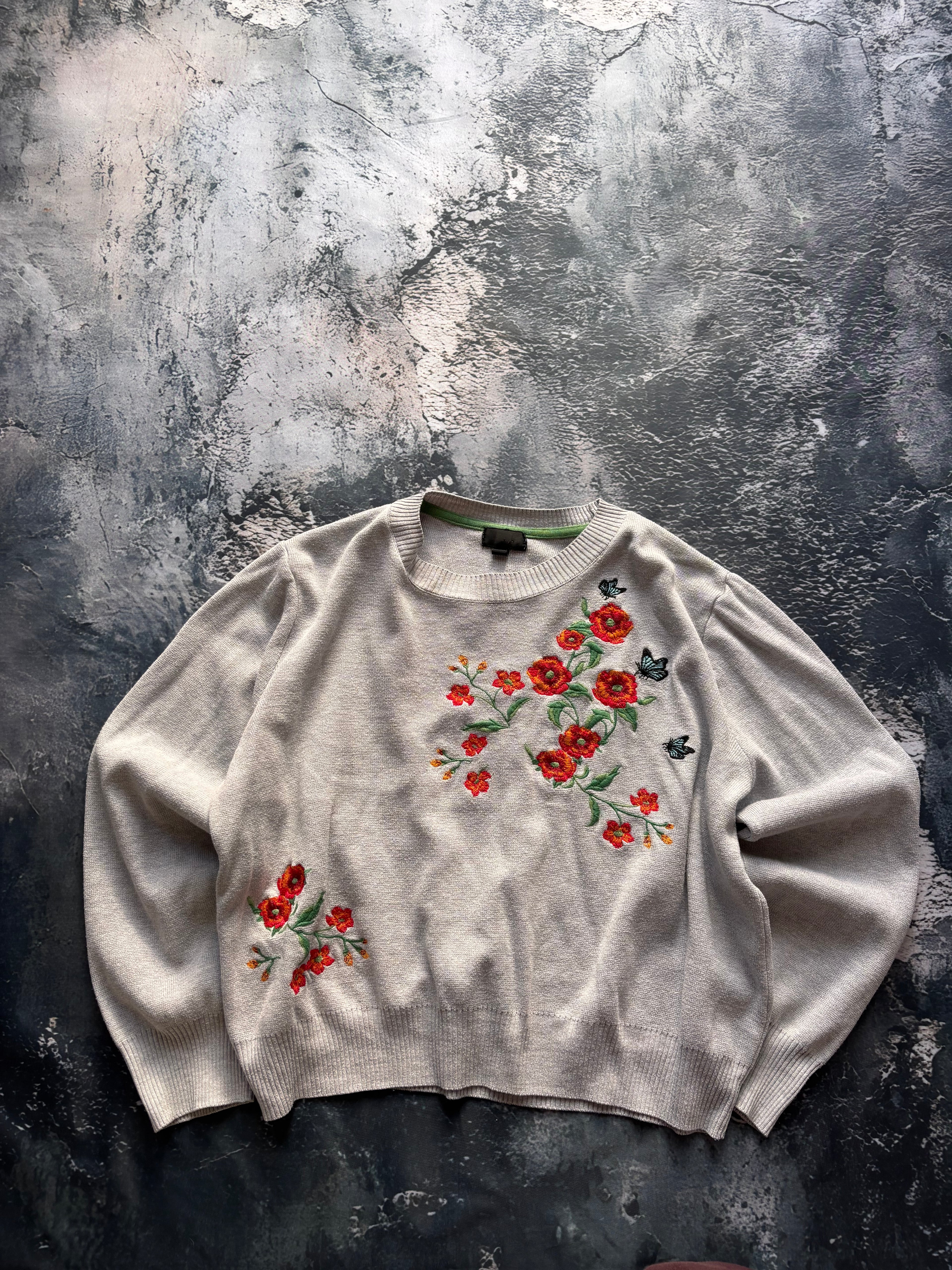 Sweter wiosenny szary bawełna vintage haft kwiecisty