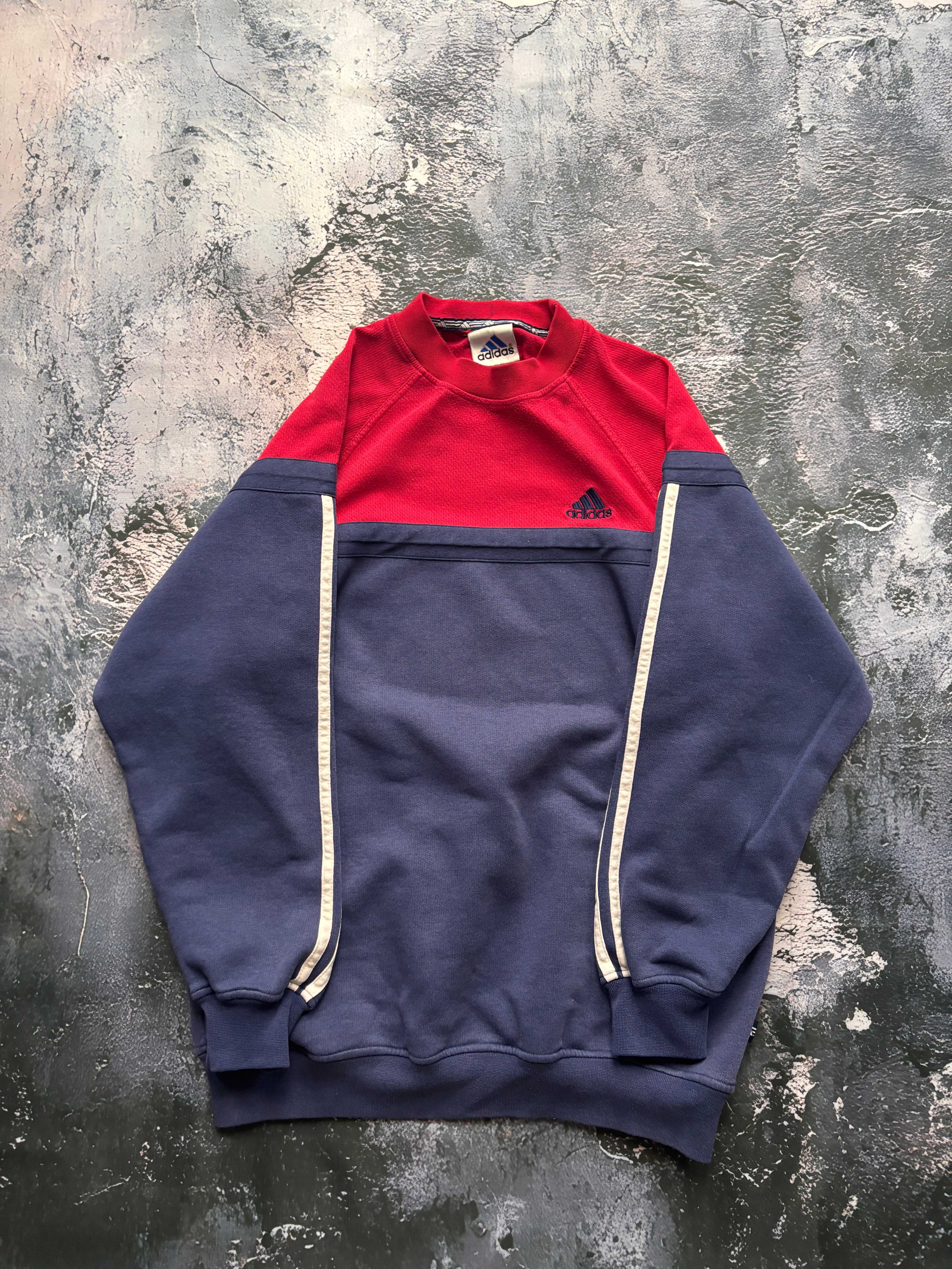 bluza crewneck Adidas w paski granatowo czerwona retro 90s