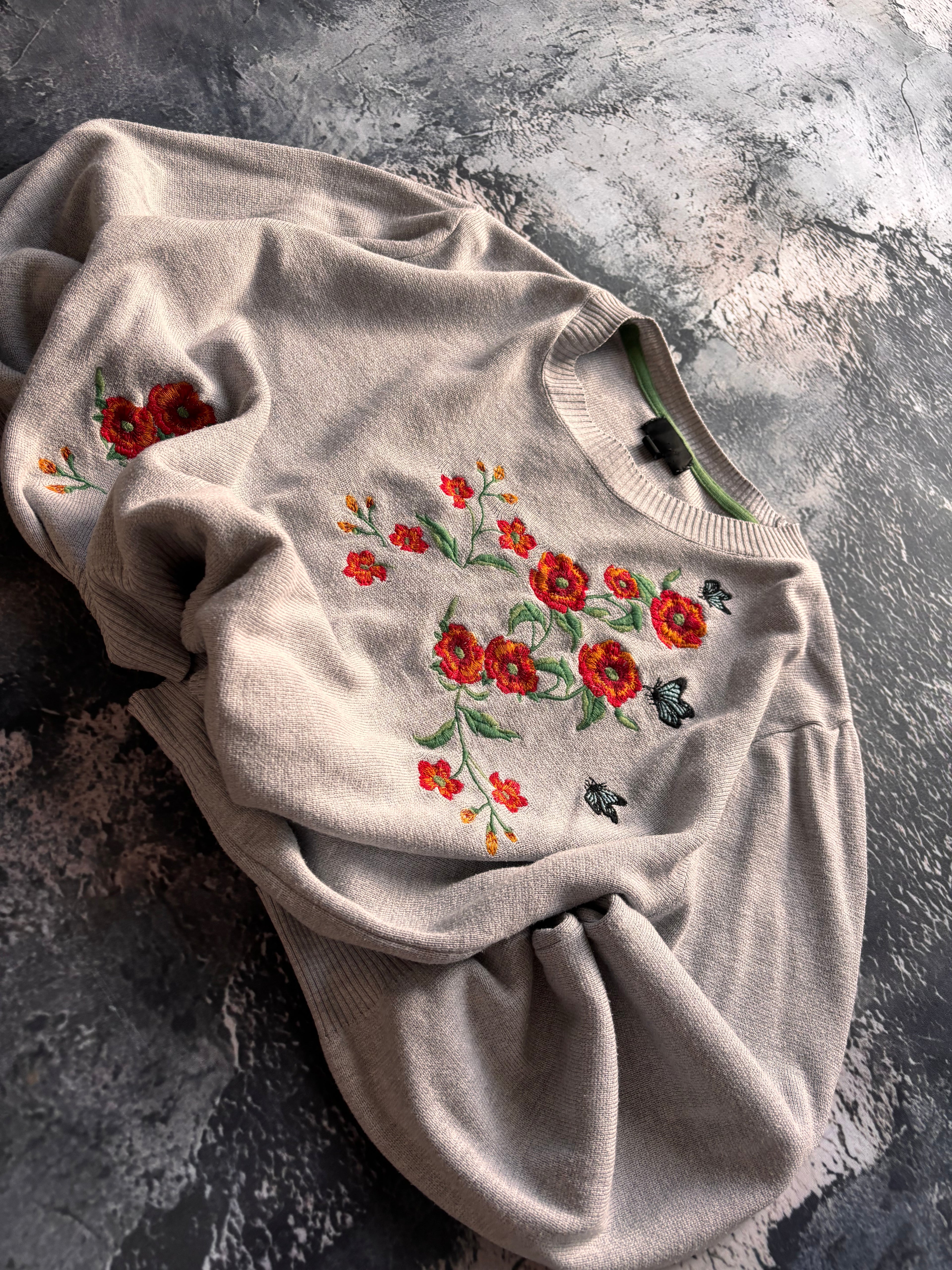 Sweter wiosenny szary bawełna vintage haft kwiecisty