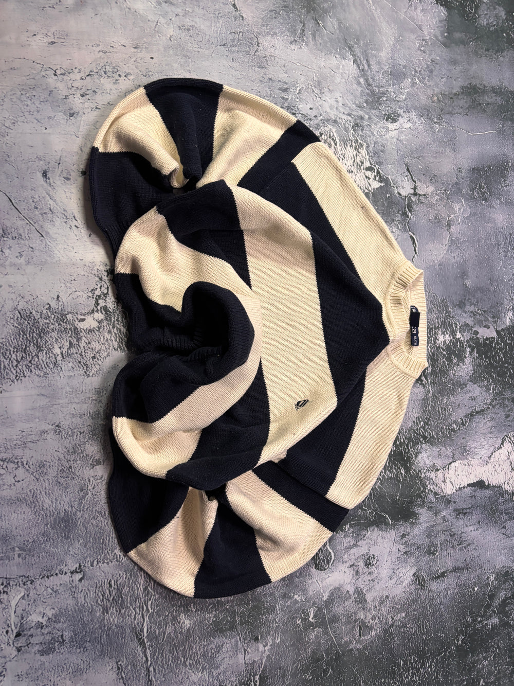 sweter granatowo beżowy vintage bawełniany gruby jesienny