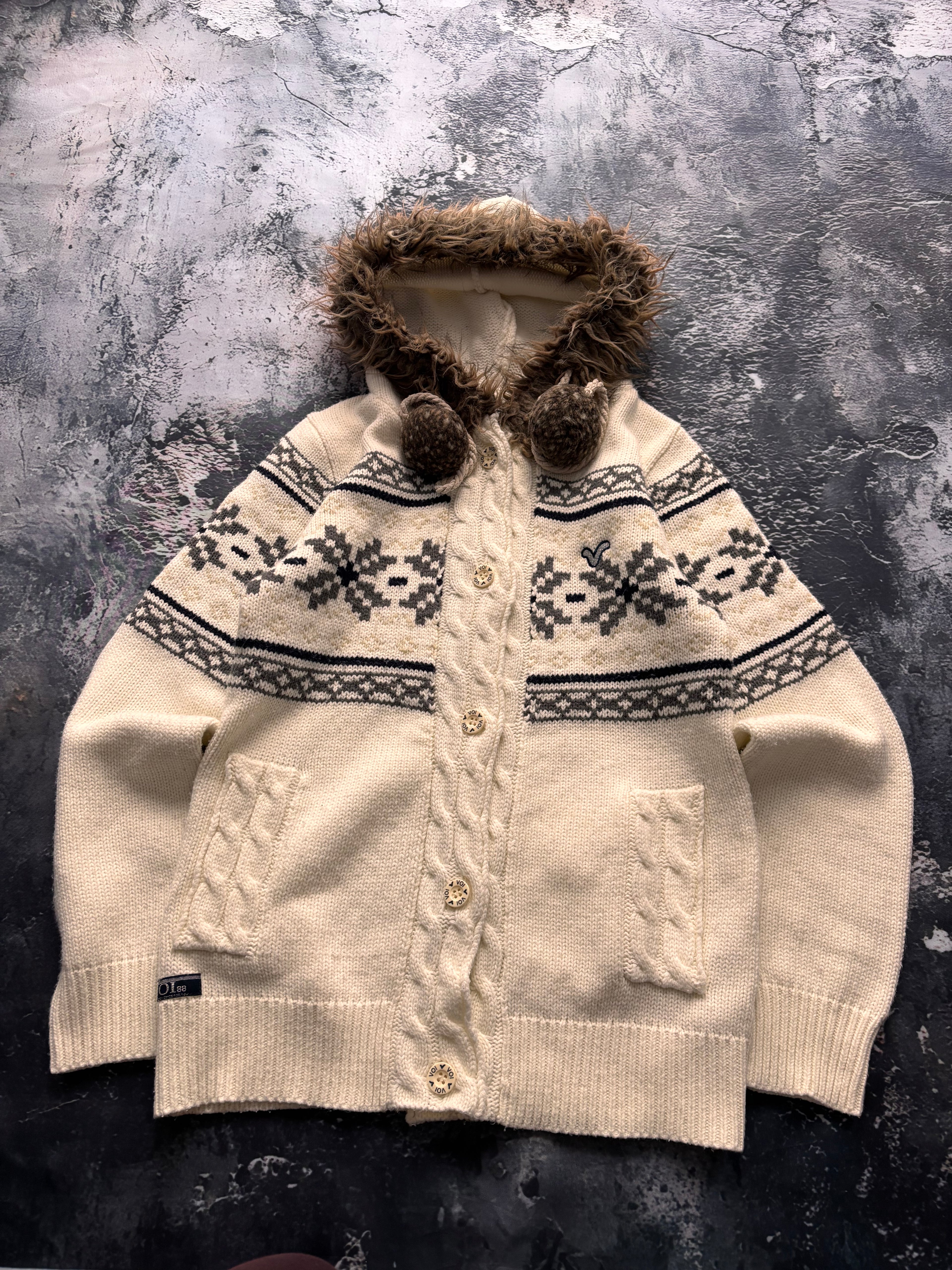 Sweter kardigan  vintage kremowy z kapturem