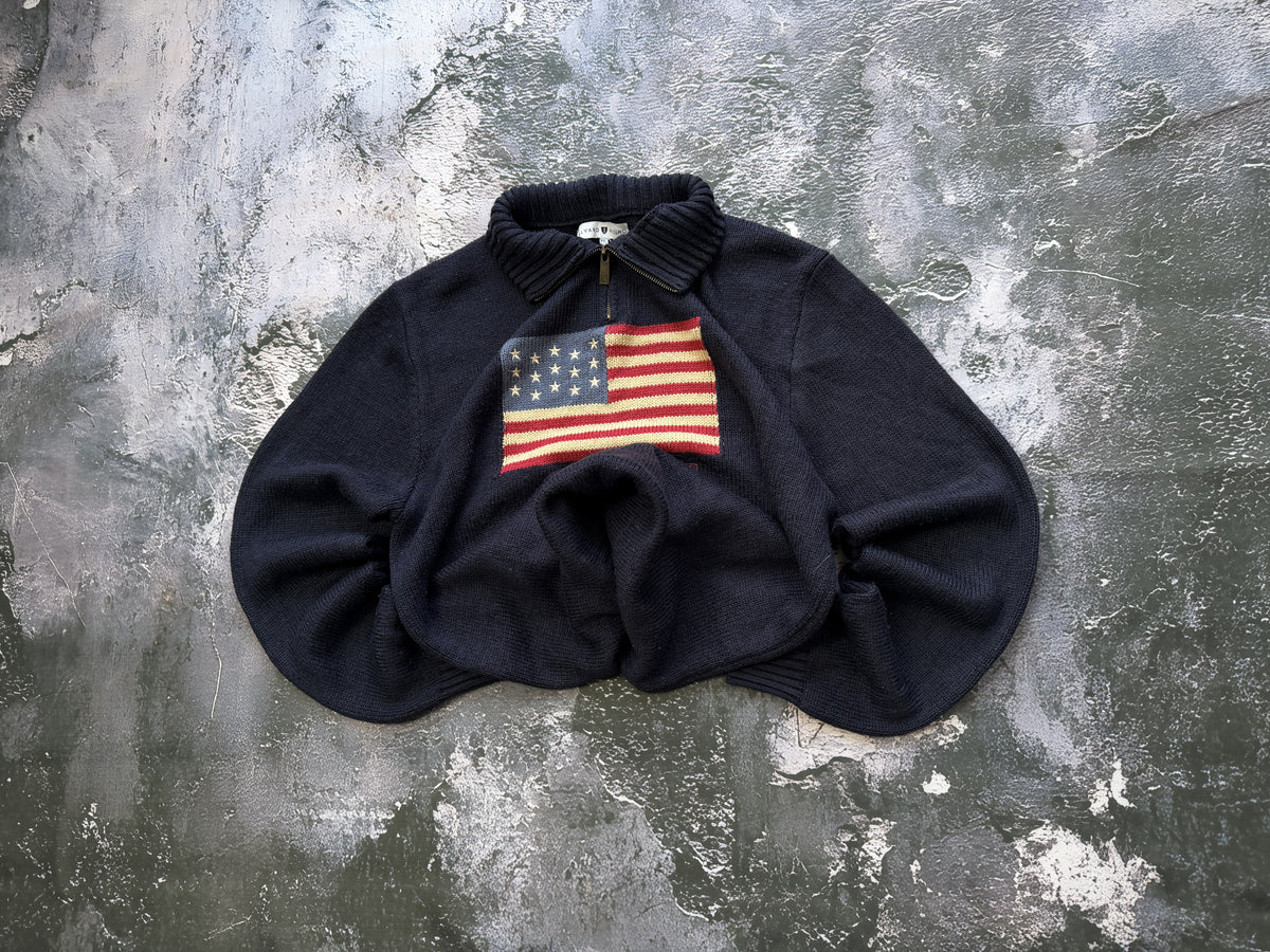 Sweter granatowy z flagą USA i zamkiem – krój prosty – zdjęcie główne