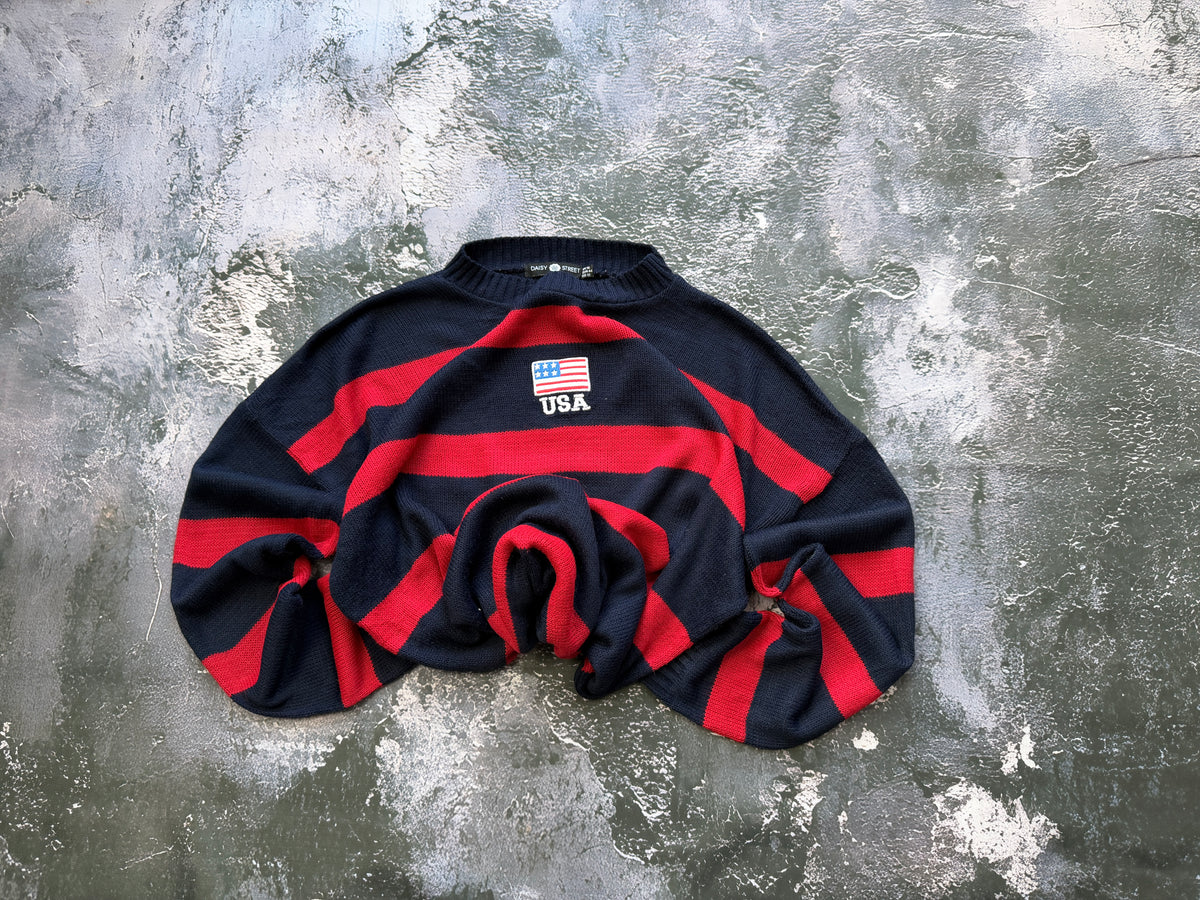 Sweter polo USA w czerwono-granatowe pasy – krój prosty – zdjęcie główne