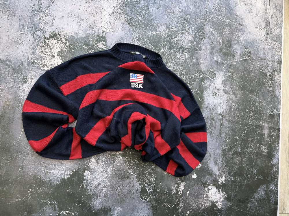 Sweter polo USA w czerwono-granatowe pasy – krój prosty – M