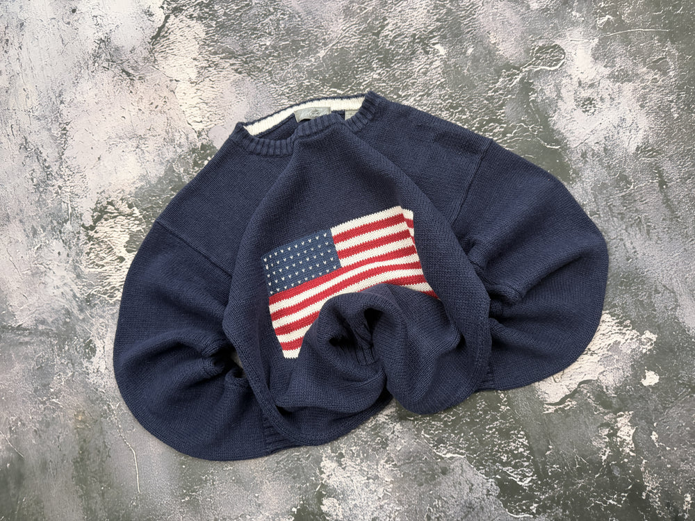 Sweter granatowy z flagą USA – krój prosty – S