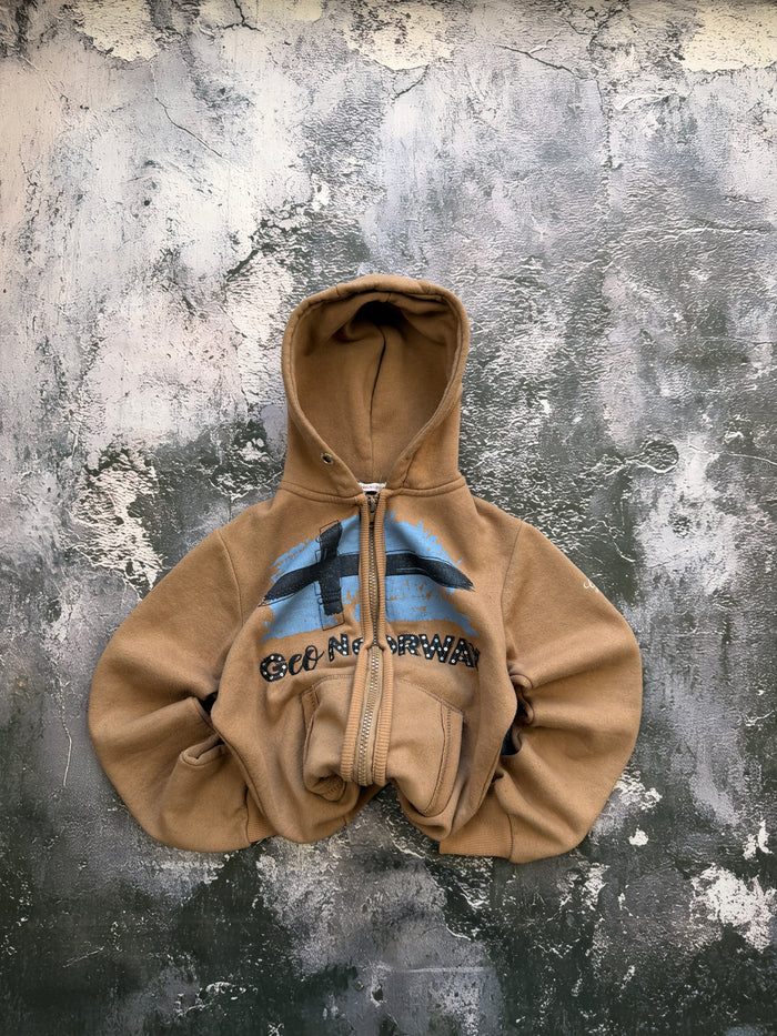Bluza brązowa rozpinana z niebieską grafiką – krój prosty – S