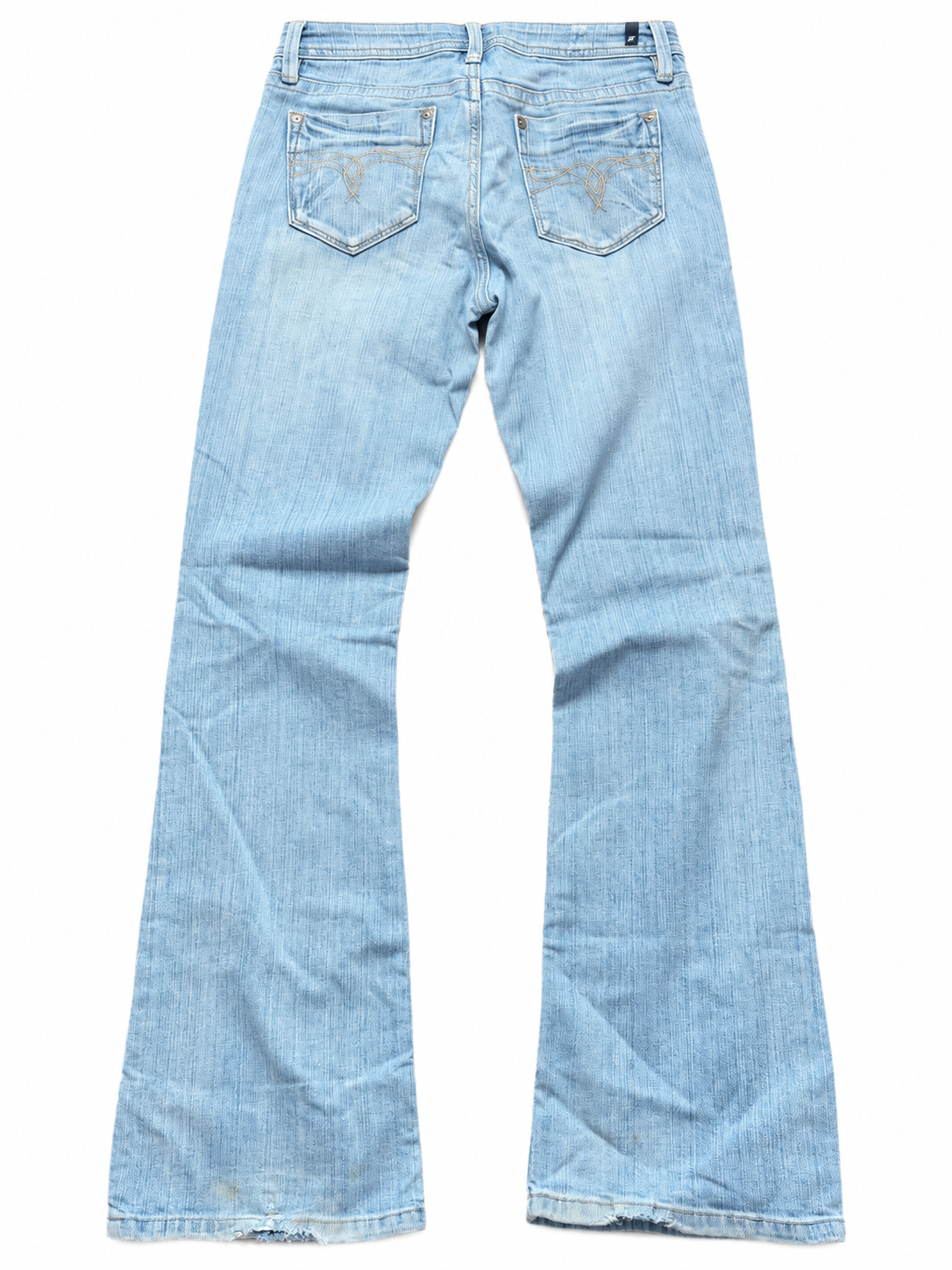 Jasne jeansy bootcut Y2K ze złocistym haftem — tył spodni, wizualizacja AI