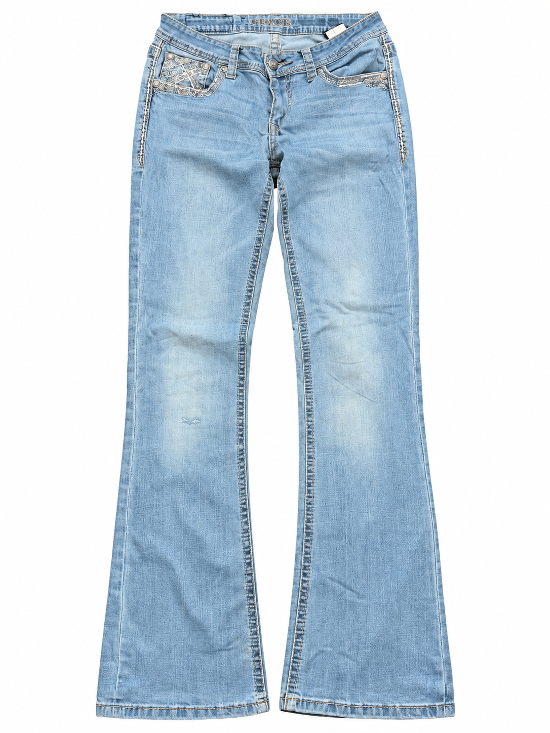 Jeansy Grace LA bootcut z haftem i zdobieniami — przód spodni, wizualizacja AI