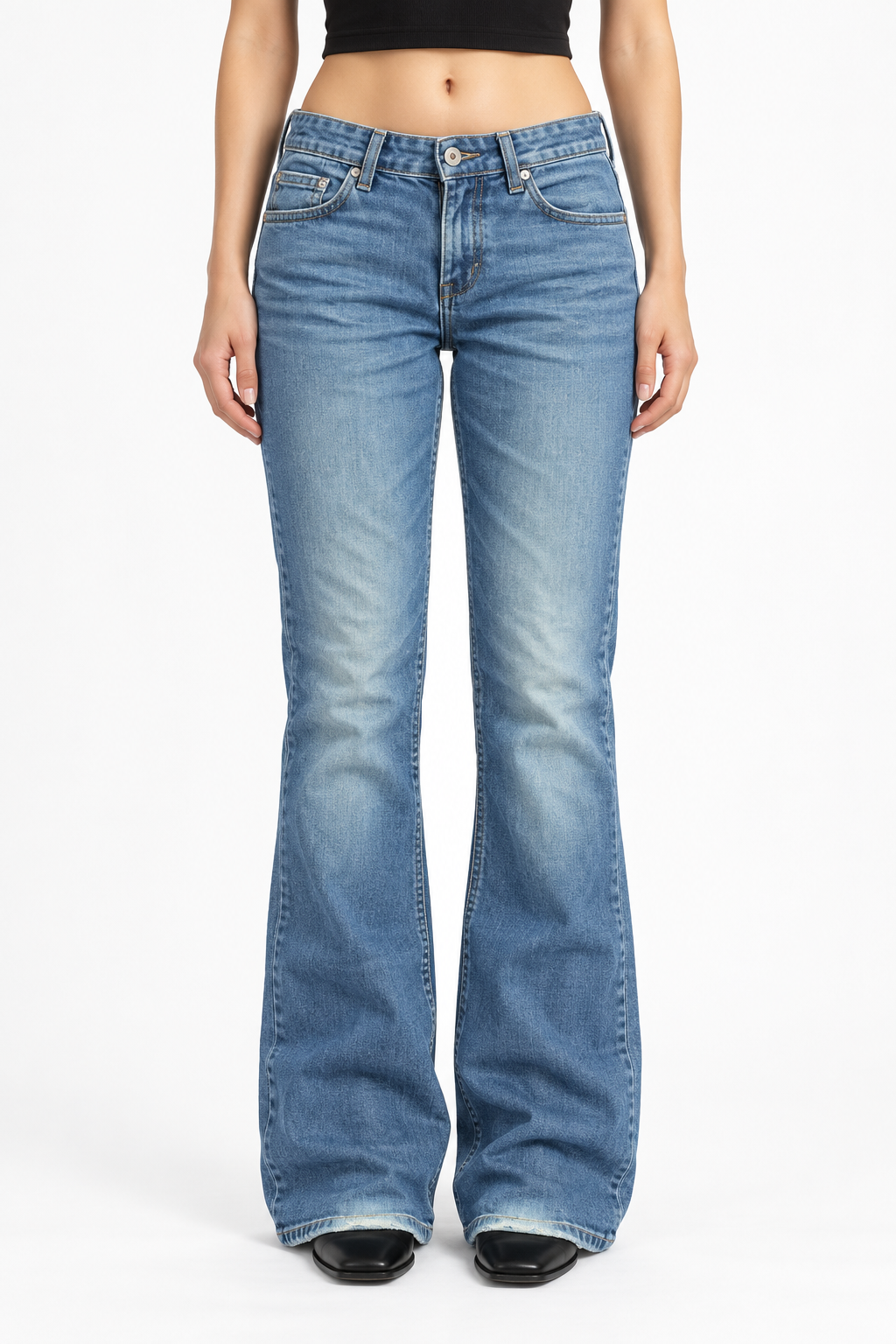 Jeansy 7 for all mankind bootcut z haftem — przód na modelce, wizualizacja AI