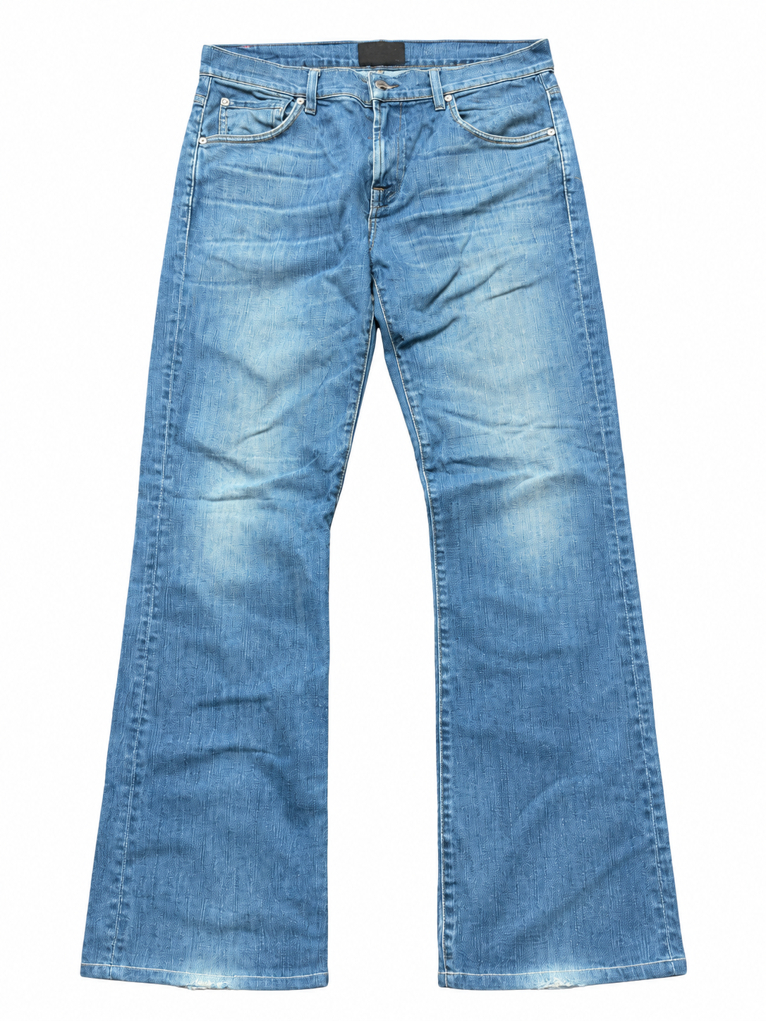 Jeansy 7 for all mankind bootcut z haftem — przód spodni, wizualizacja AI