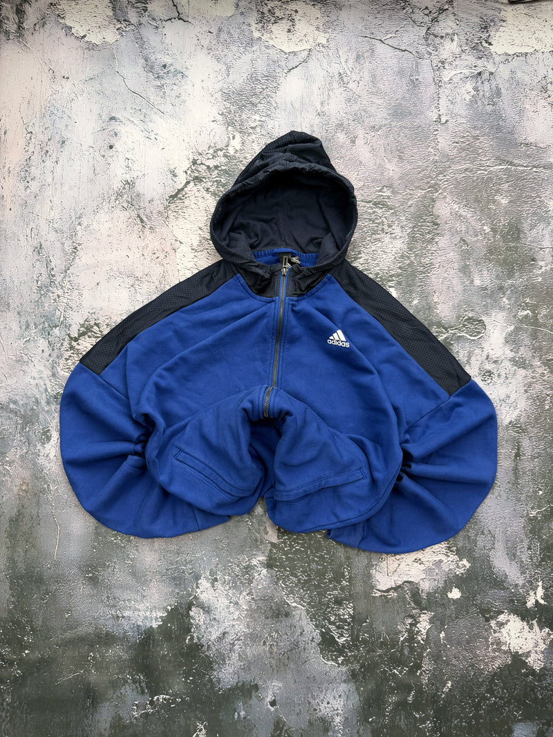 Bluza Adidas niebiesko-czarna rozpinana z kapturem i napisem na plecach – krój prosty – L — centralne