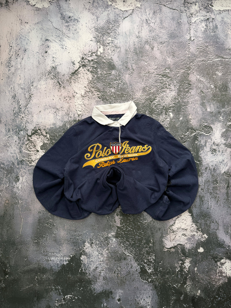Bluza Polo Jeans Ralph Lauren granatowa z białym kołnierzem i haftem – krój prosty – XS — centralne