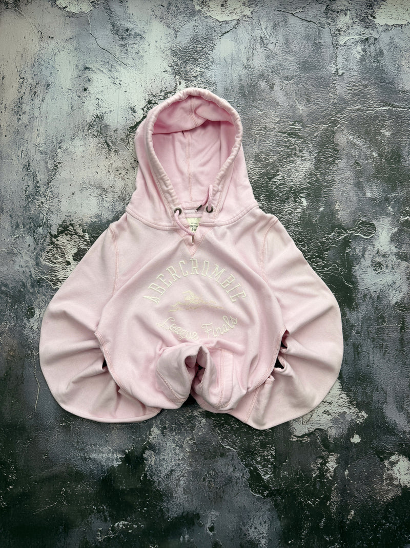 Bluza Abercrombie & Fitch jasnoróżowa z kapturem i haftowanym napisem – krój prosty – M — centralne