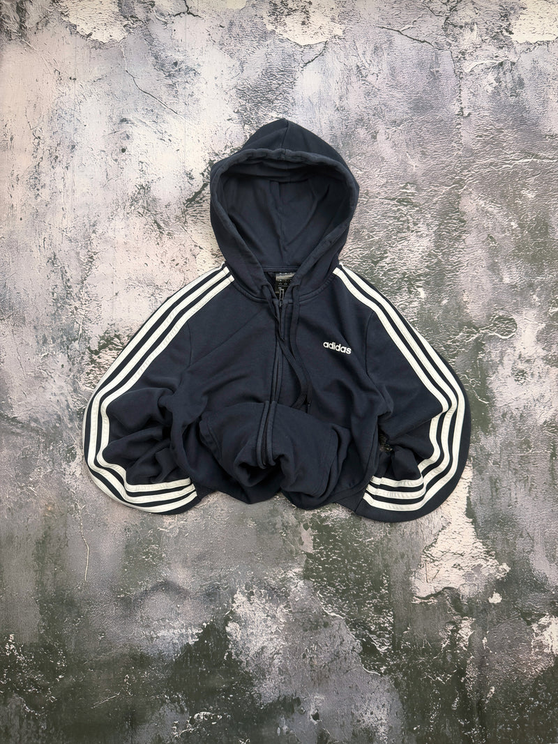 Bluza Adidas granatowa rozpinana z kapturem i trzema paskami – krój prosty – S — centralne