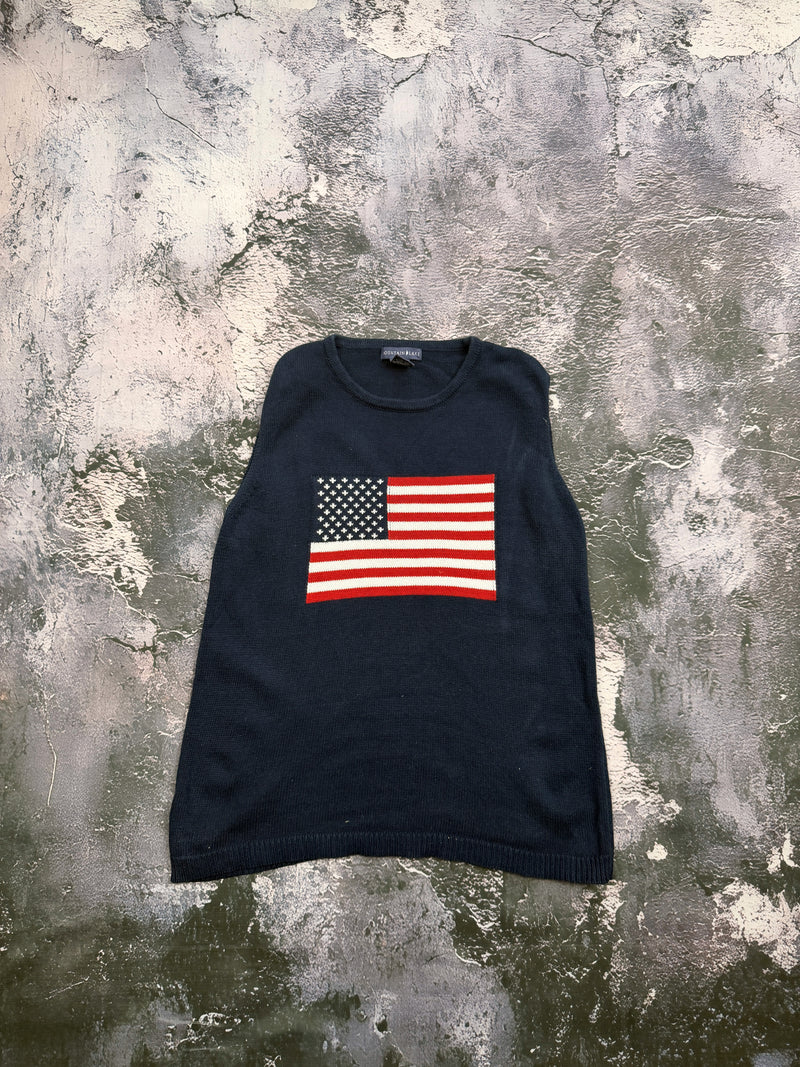 Sweter Mountain Lake granatowy bez rękawów z flagą USA – krój prosty – XS — przod