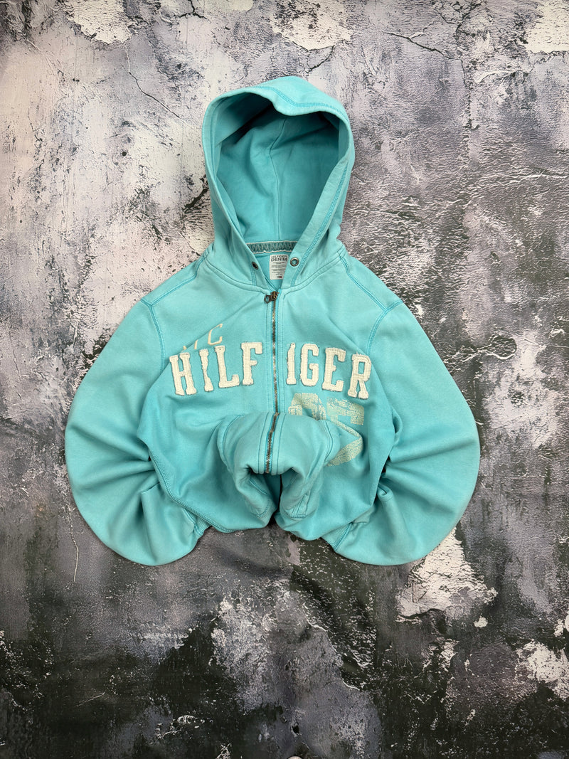Bluza Tommy Hilfiger turkusowa rozpinana z kapturem i napisem NYC – krój prosty – M — centralne