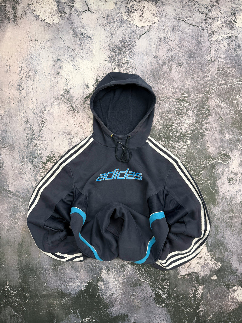 Bluza Adidas granatowa z kapturem i niebieskimi wstawkami – krój prosty – M — centralne