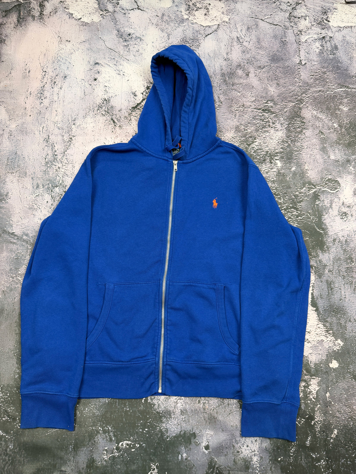 Bluza Ralph Lauren niebieska rozpinana z kapturem i haftem – krój prosty – L — przod