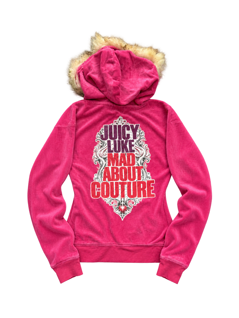 Bluza Juicy Couture różowa z futerkiem i nadrukiem na plecach — tył