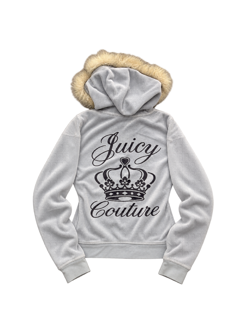 Bluza Juicy Couture srebrnoszara z futerkiem i czarną koroną — tył