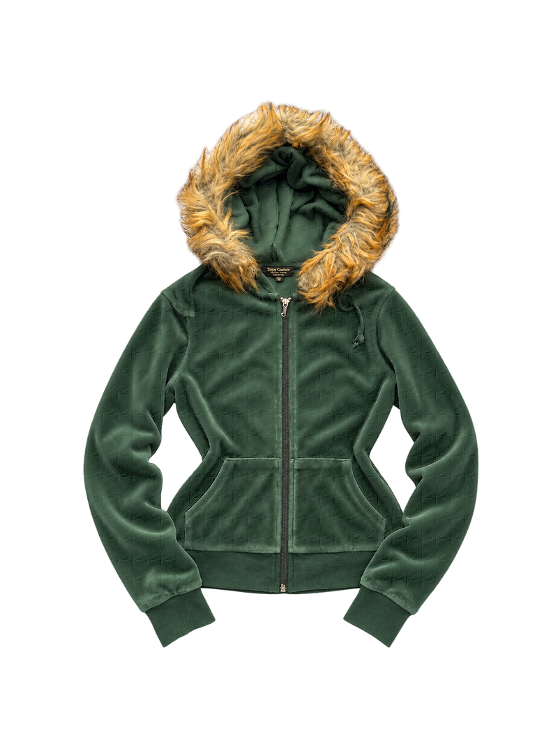 Bluza Juicy Couture ciemnozielona welurowa z futerkiem — przód