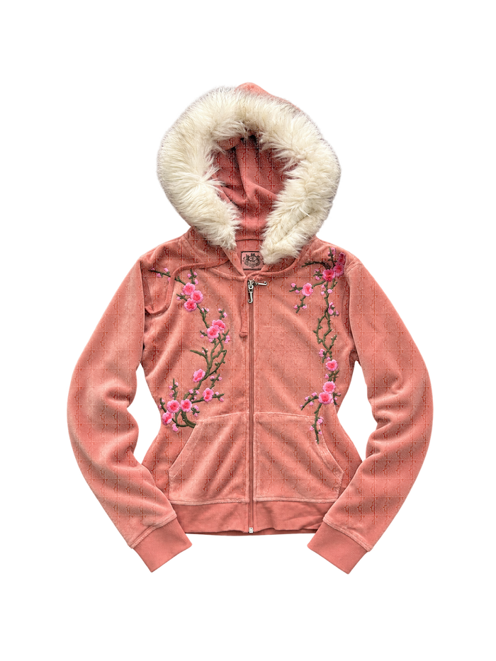 Bluza Juicy Couture łososiowa z futerkiem i haftem gałązek