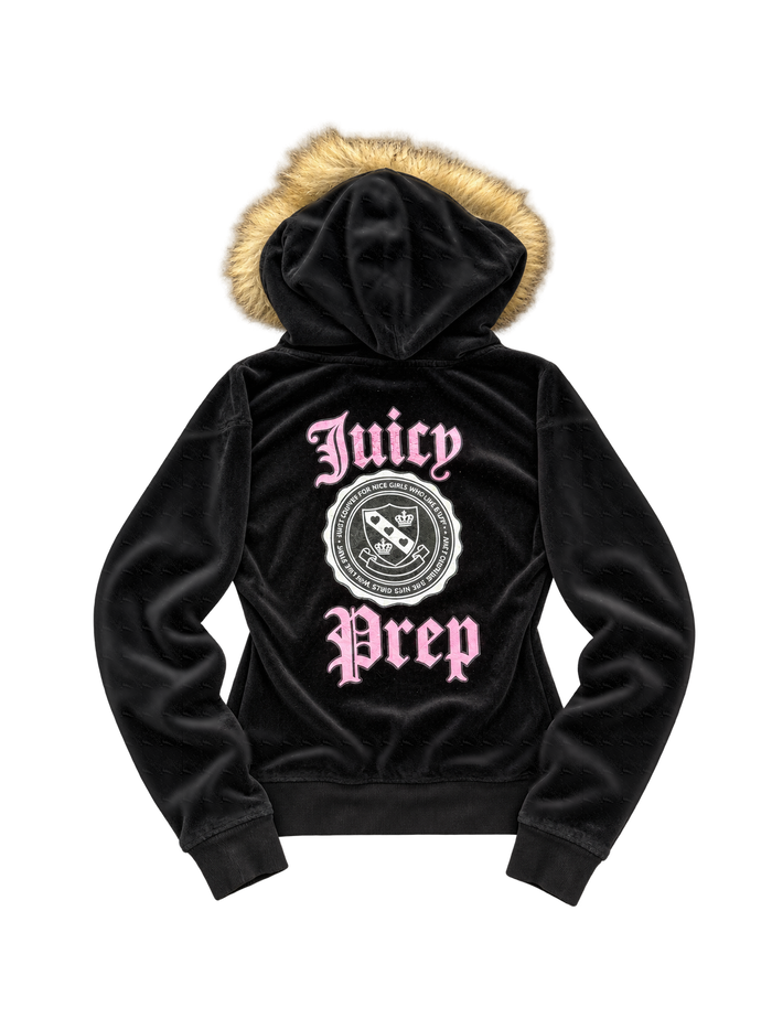 Bluza Juicy Couture czarna z futerkiem i różowym nadrukiem