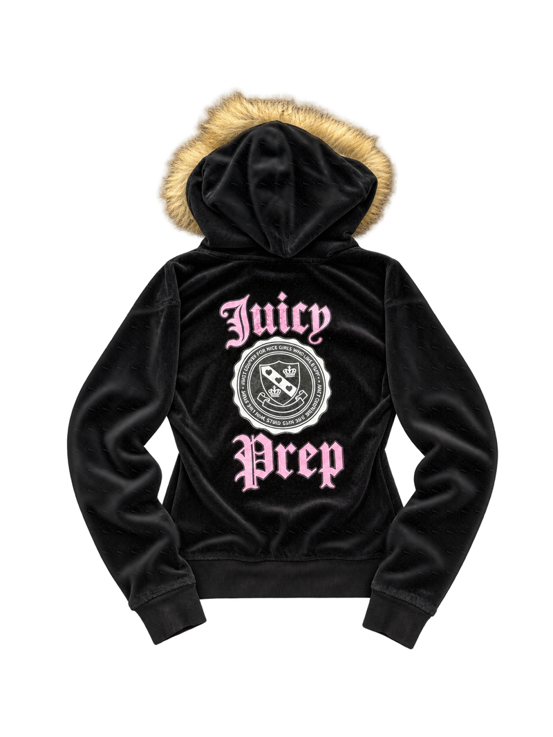Bluza Juicy Couture czarna z futerkiem i różowym nadrukiem — tył