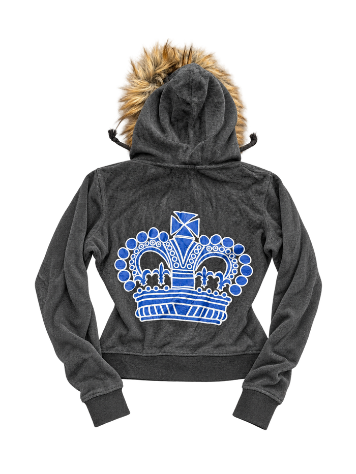 Bluza Juicy Couture grafitowa z futerkiem i niebieską koroną