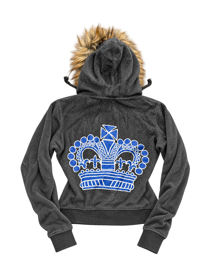 Bluza Juicy Couture grafitowa z futerkiem i niebieską koroną — tył