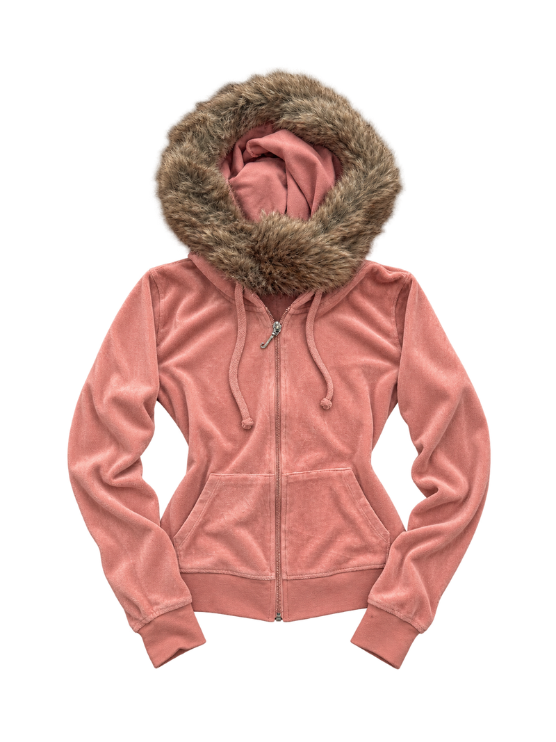 Bluza Juicy Couture łososiowa welurowa z futerkiem — przód