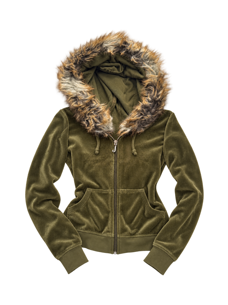 Bluza Juicy Couture oliwkowa welurowa z futerkiem EAT CAKE WEAR JUICY — przód