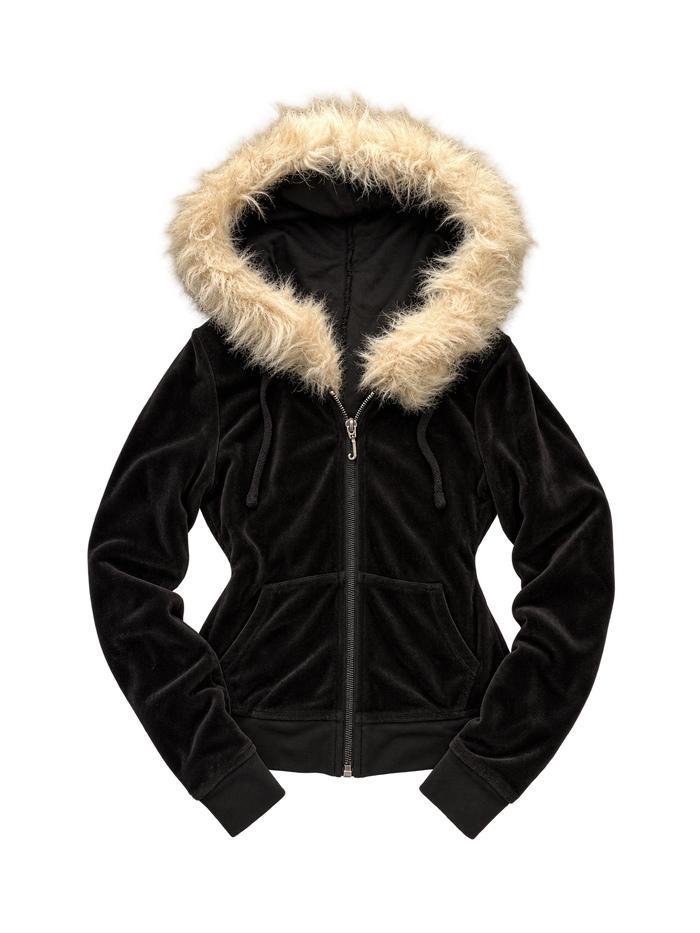 Bluza Juicy Couture czarna welurowa z jasnym futerkiem — gładka
