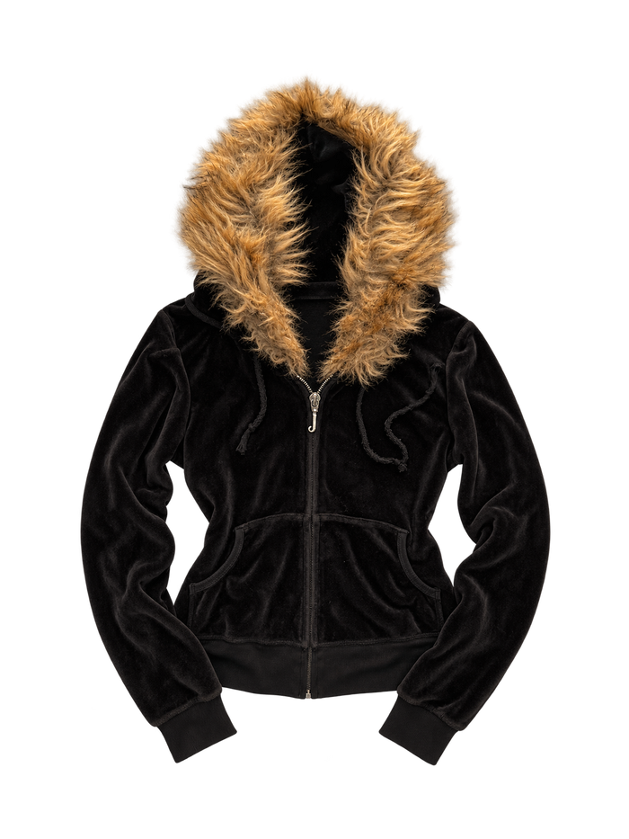 Bluza Juicy Couture czarna welurowa z futerkiem i białym napisem Juicy Couture