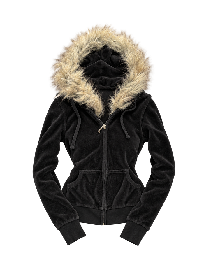 Bluza Juicy Couture czarna welurowa z futerkiem CHOOSE JUICY